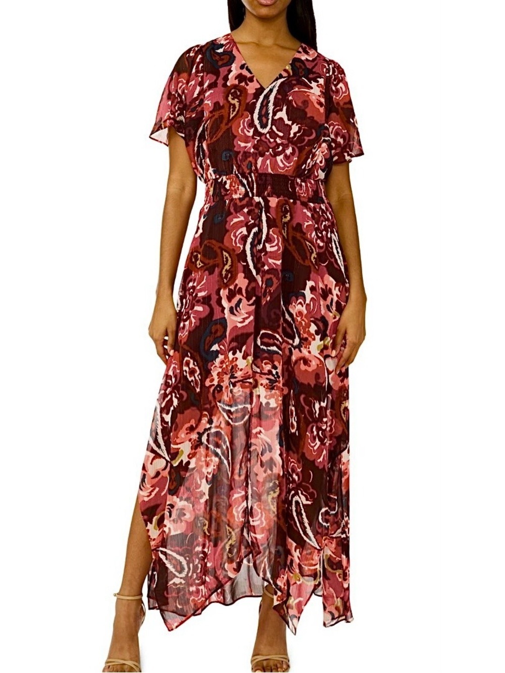 Halogen V-Neck Smocked Handkerchief Hem Maxi Dress XXL NWT burgundy
